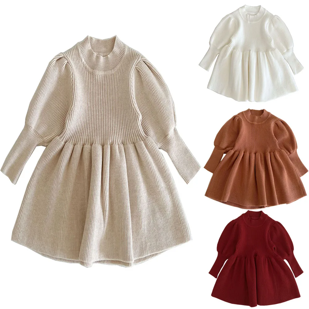 

2023 New Spring Baby Clothes Puff Sleeve Girls Knit Dress Autumn Fashion Sweater Dress Infant Bebe Clothing Outfits