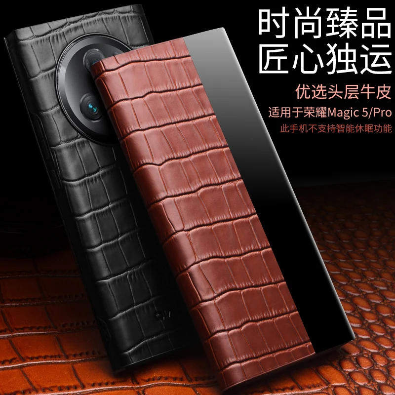 Business Male Man Flip Window Phone Cover Real Natural Cow Leather Case For Honor Magic5 Pro Magic 5 Crocodile Grain Qialino