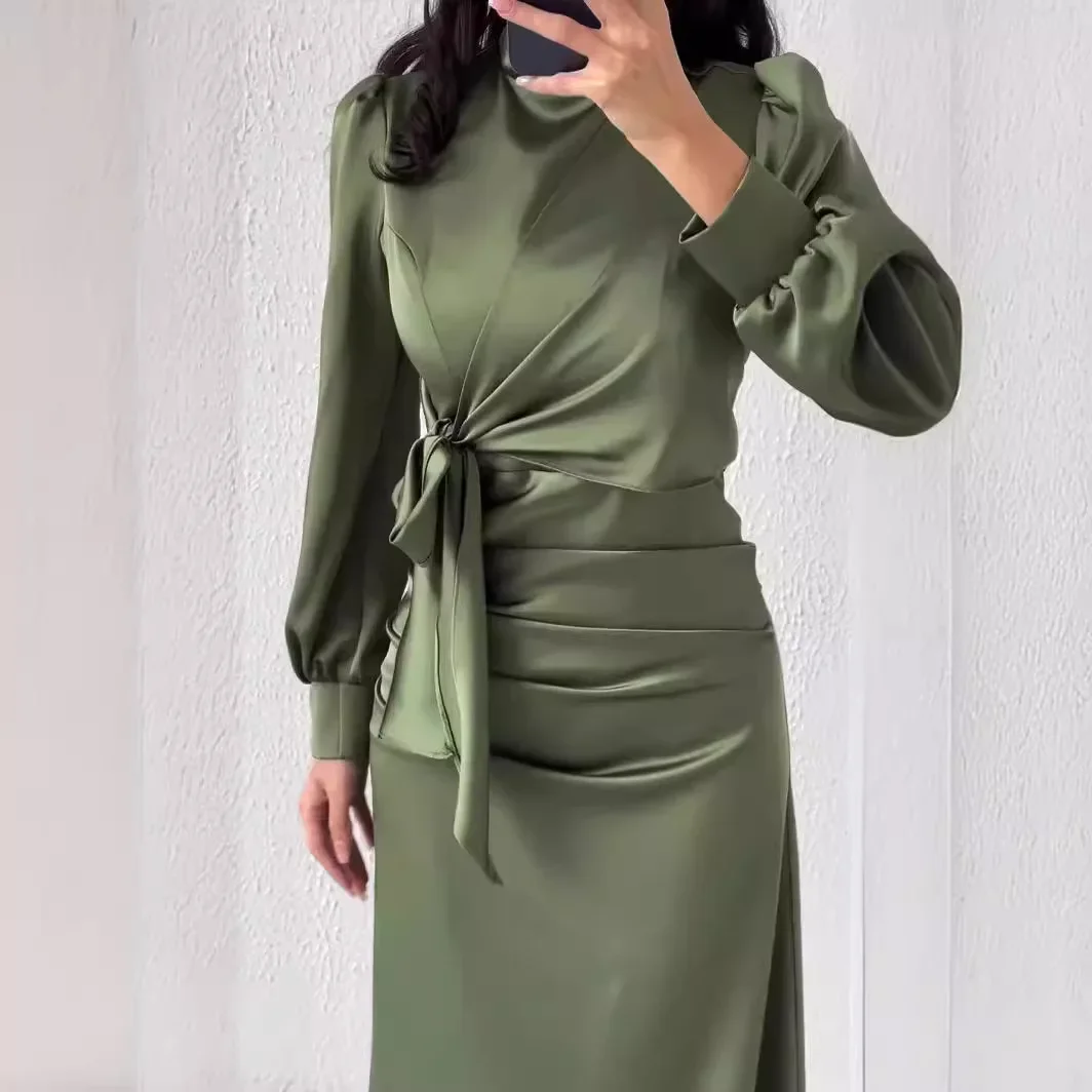 

Dresses for Women 2024 Autumn Elegant Fashion Temperament Commuting Long Sleeves Round Neck Skinny Satin Party Evening Dress