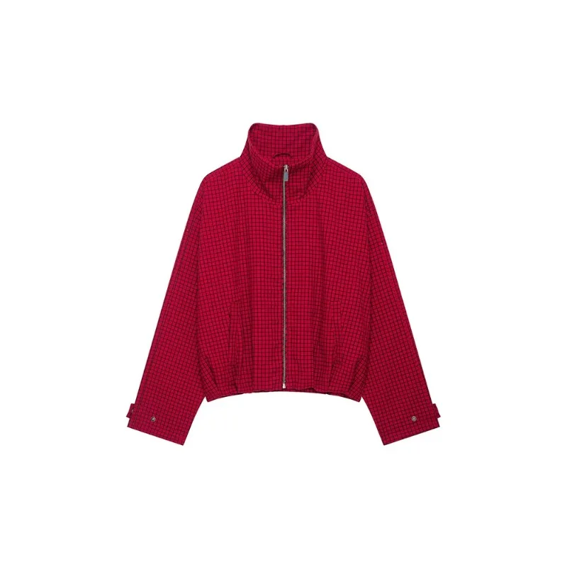 Women's Classic Commuter-style Stand-collar Plaid Jacket, Retro Loose-fit Bomber, Perfect for 2026 Fall Street Style