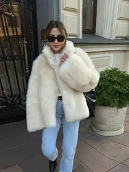 Women Solid Lapel Warm Faux Fur Jackets Chic Long Sleeve Crop Warm Plush Loose Coat 2024 New Winter Lady Thick Outerwear