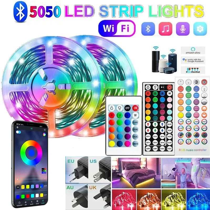 Lampu setrip LED RGB 5050, lampu Led berubah warna, sinkronisasi musik, kontrol aplikasi DC12V, pita lampu fleksibel untuk dekorasi kamar dengan colokan EU