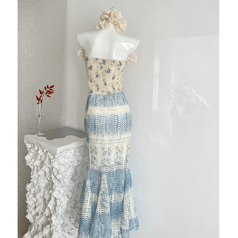 Two-piece Set French Off-shoulder Cropped Top Ruffles Lace Elastic T-shirt Zipper Hollow Out Mermaid Skirt Women Gradient Outfit