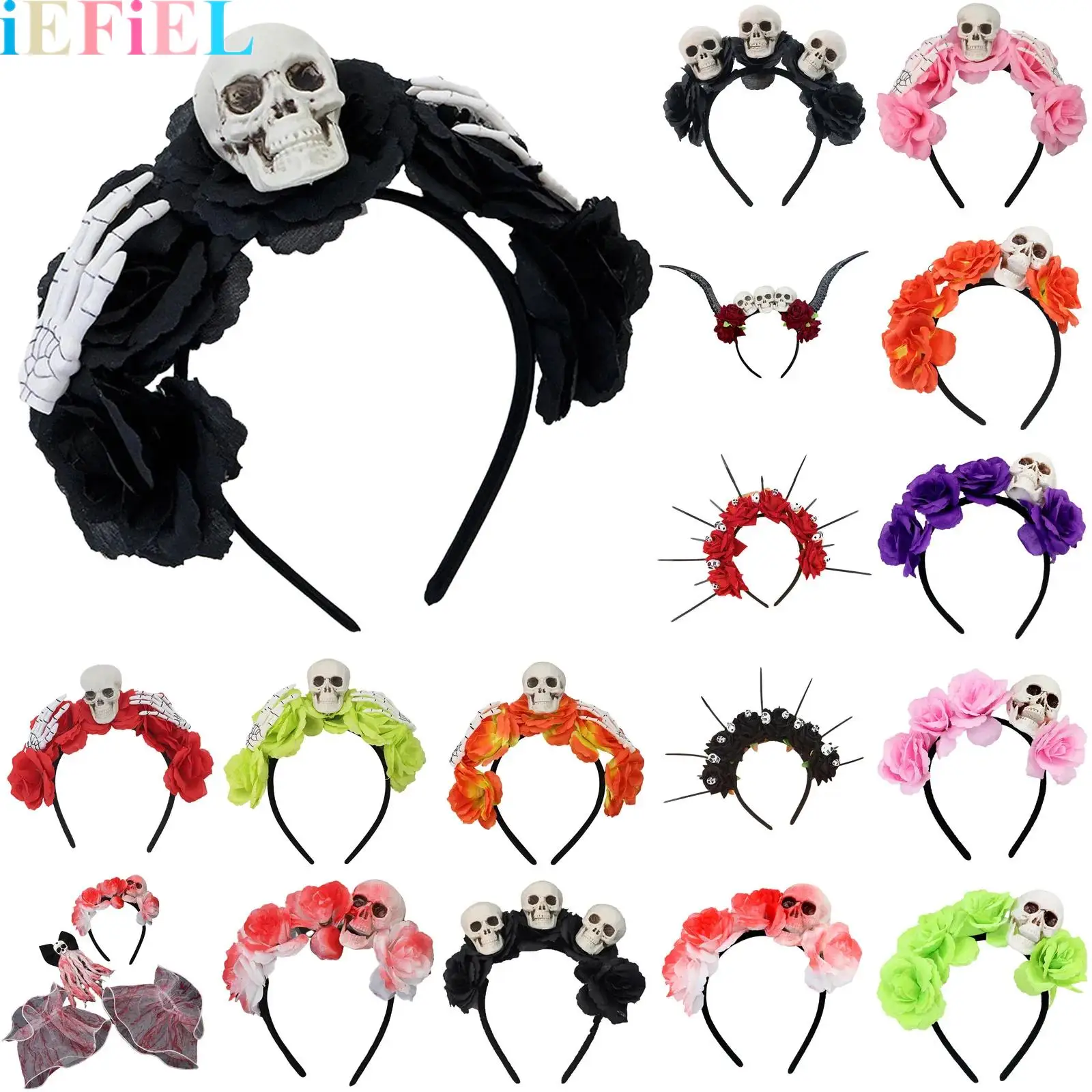 

Mexican Day of The Dead Headpiece Skull Headband Halloween Gothic Floral Hair Hoops Some with Cuffs Party Hair Accessories