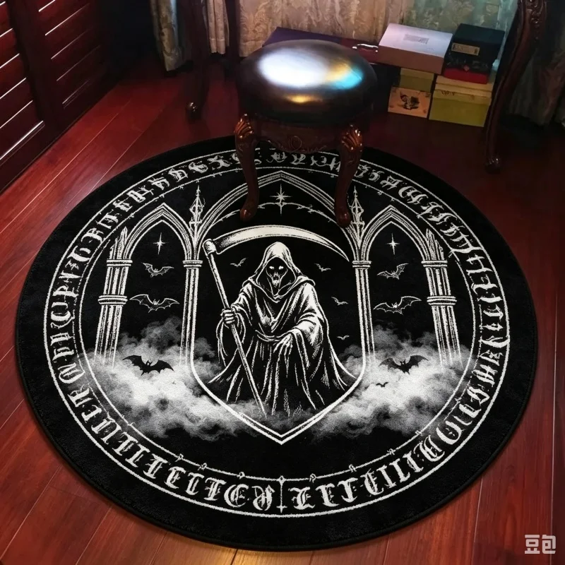 Skeleton On Spiky Throne Gothic Round Rug, Moon Flame Occult Printed Circular Floor Mat, Indoor Home Decor
