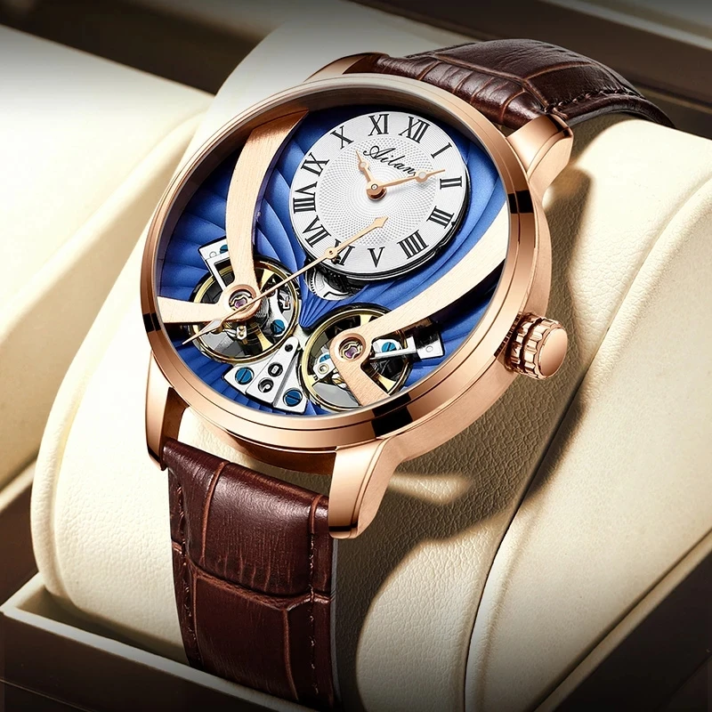 AILANG Skeleton Automatic  Mechanical Watch Leather Strap Men Steampunk Double Tourbillon Mens Wrist Watches Montre Homme