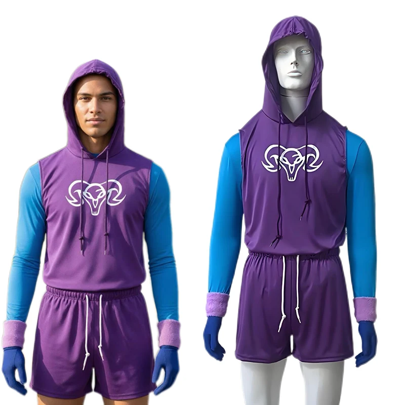 New Skeleton King Purple Sportswear Space Giant Seaman Cosplay Gym Sleeveless Hoodie Shorts Full Set For Halloween Dress Up