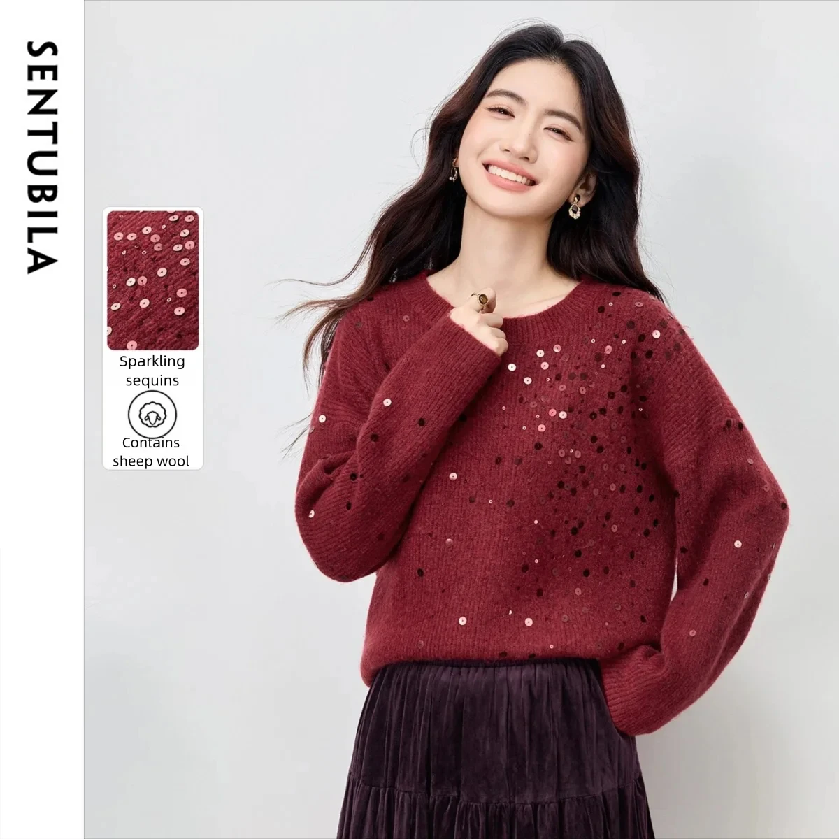 

SENTUBILA Sequins Knitted Sweaters Women Pullover Jumper with Sequins 2025 Cozy Knitwear Long Sleeve Knitted Tops W54EE3875
