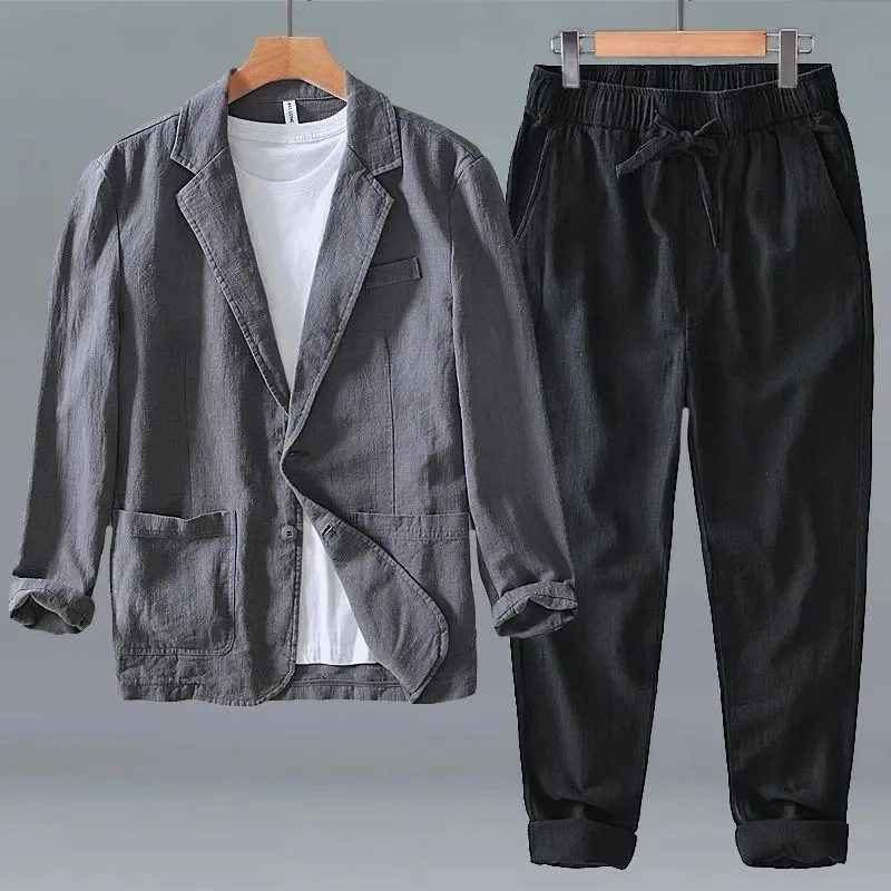 

Spring Casual Cotton Linen Men's Suit Loose Fit Thin Pure Color Business Versatile Breathable Two-Piece Suit for Daily Use