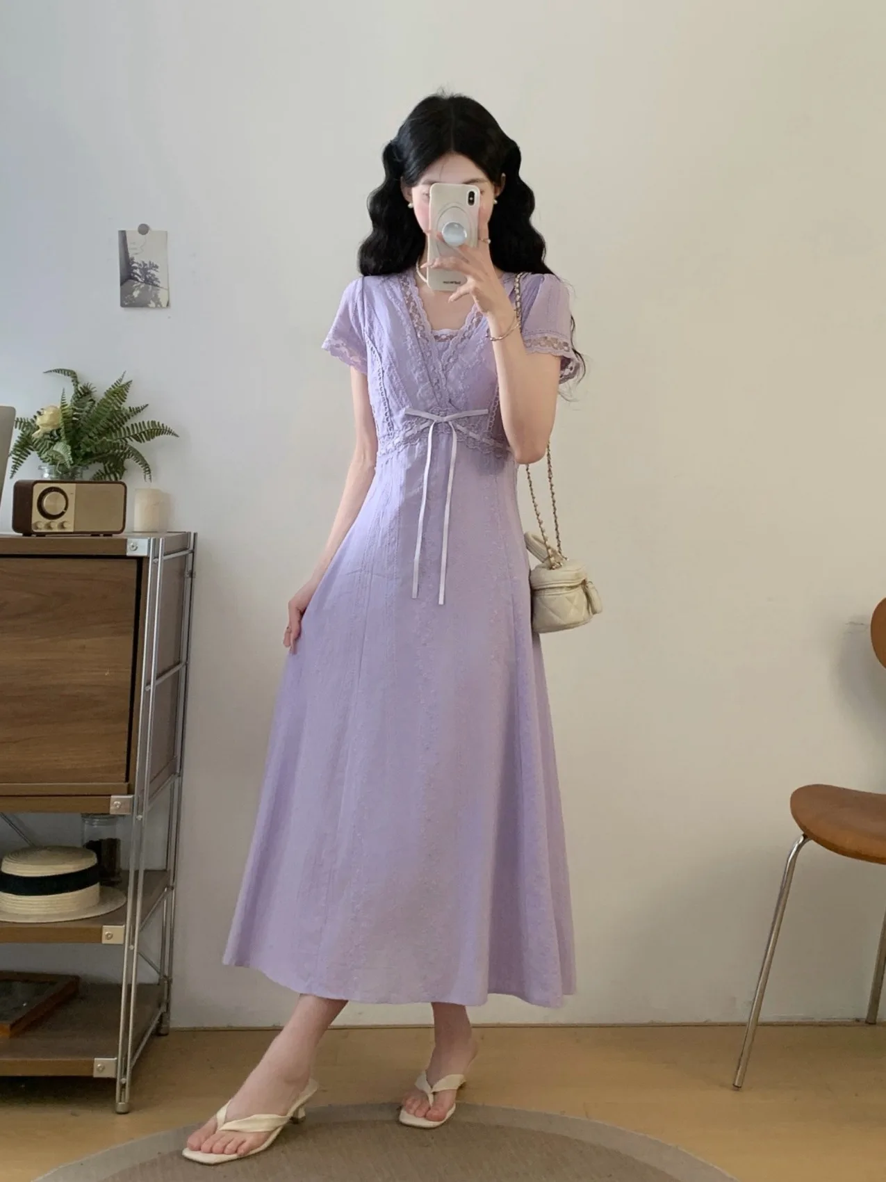 

plus Size Women's Soft Purple Lace Trim V-Neck Short Sleeve Dress Summer New Waist Cinching Long Dress Korean Style Slim Fit
