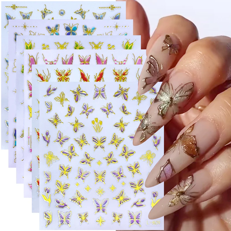 6pcs 3D Bronzing Butterfly Stickers for Nail Art Colorful Jelly Butterflies Adhesive Decals Spring Summer DIY Manicure Foils
