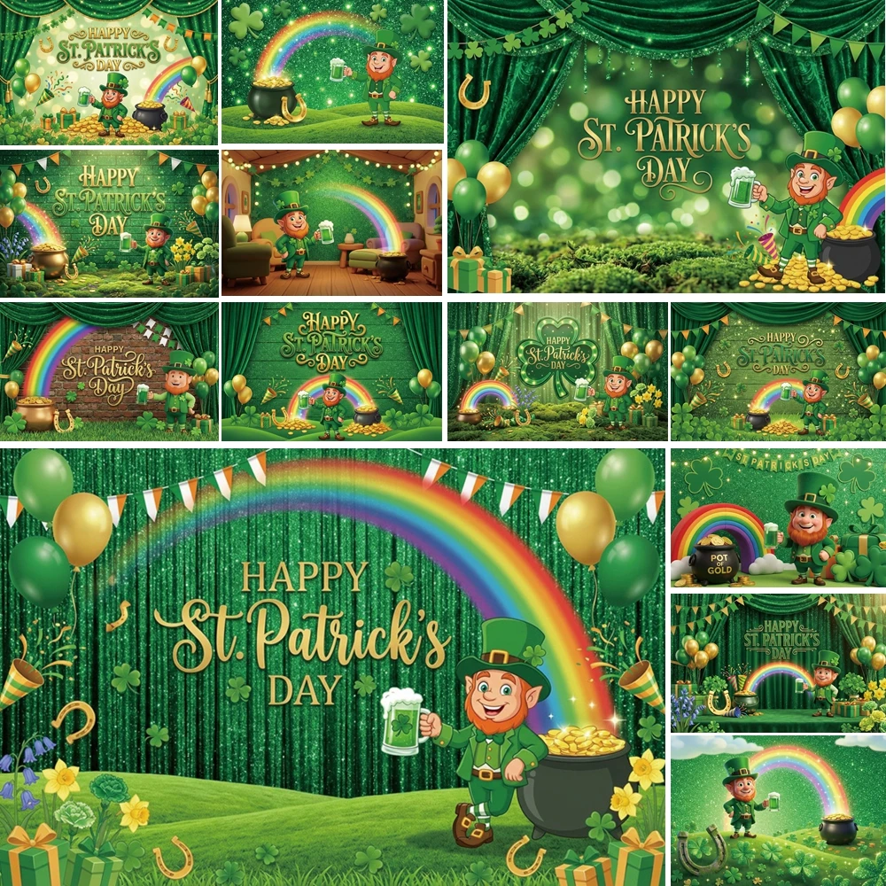 

MOON.QG St. Patrick's Day Leprechaun Background Rainbow Balloon Green Backdrop Children Photography Props Accessories Photozone