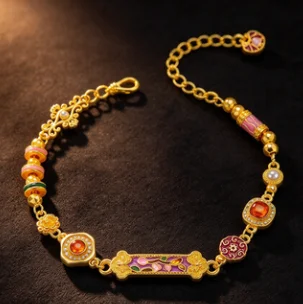 Luxury 24K Real Gold Burnt Blue Peach DIY Bracelet Au9999 Pure Gold Ancient Burning Blue Craft Hand Brand Retro