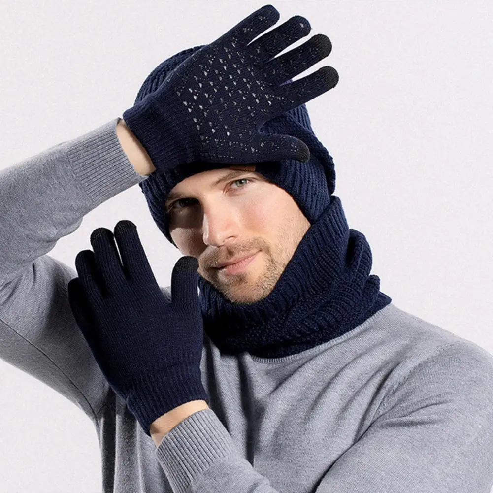 Opgerolde Gebreide Muts Set Winter Warmte Essentials Pluche Gebreide Muts Sjaal Handschoenen Set Voor Buiten Fietsen Winddicht Elastisch Oor