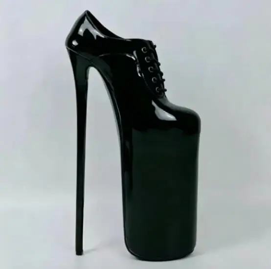 Sexy Black Patent Leather Extreme Platform Super High Stiletto Heels Pumps Women Round Toe Lace-up Front Pole Dance Heels Shoes