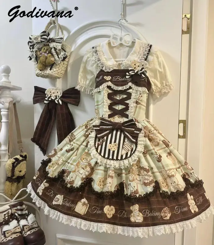 Süßes Mädchen-Lolita-Kleid mit süßer Schleife, Cartoon-Bär-Aufdruck, Kawaii-Hosenträgerkleid für Damen, kurze Frühlings- und Sommerkleider