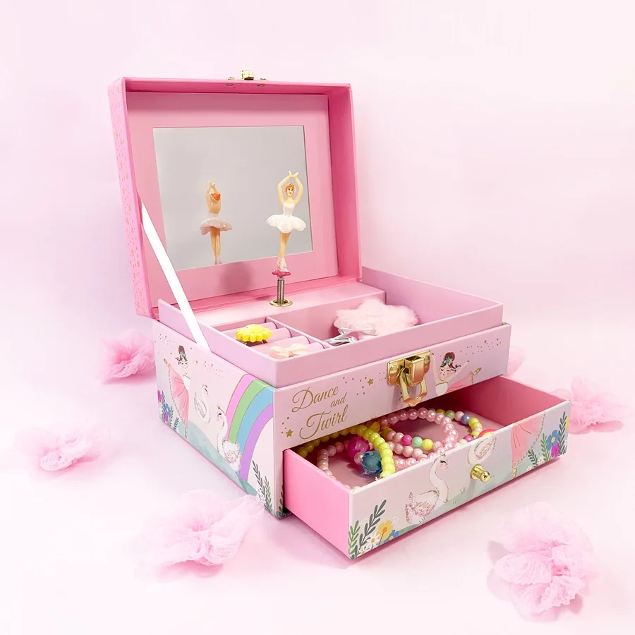 Hot New Arrival Gold Foil Swan Ballerina Musical Jewelry Box With Mirror Drawer Large Storage Organizer Cute Princess Gift For G