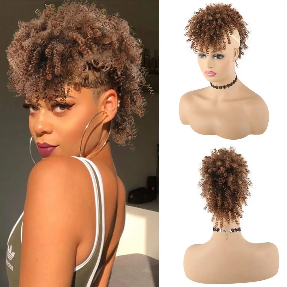 Afro High Puff Hair Bun Ponytail Drawstring With Bangs Synthetic Jerry Curly Mohawk Kinkys Curly Fauxhawks Pony Tail Clip in on