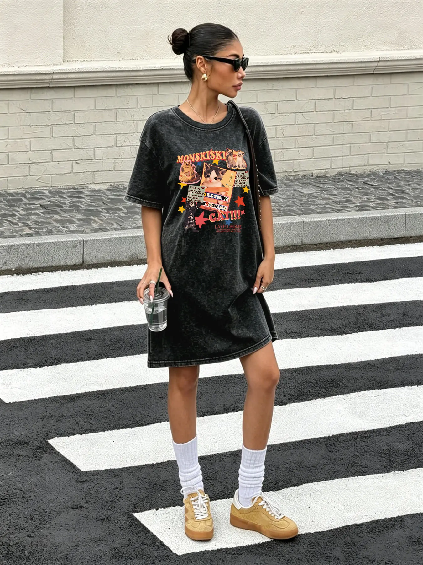 Vintage Washed T-Shirt-Kleid für Damen, Stilvolles & Vielseitiges Kleid mit Mosaik-Katzen-Print