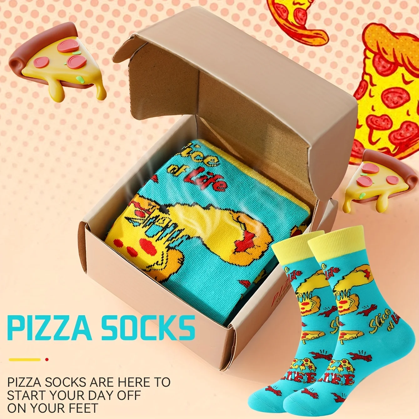 1 pair of stylish unique and interesting blue pizza pattern gift socks for men and women suitable for all seasons