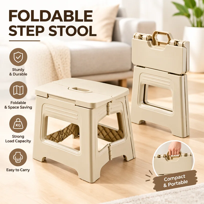 Folding Step Stool Plastic Portable Lightweight Non-Slip Foldable Foot Stool with Handle for Kids Adults Kitchen Bathroom Home