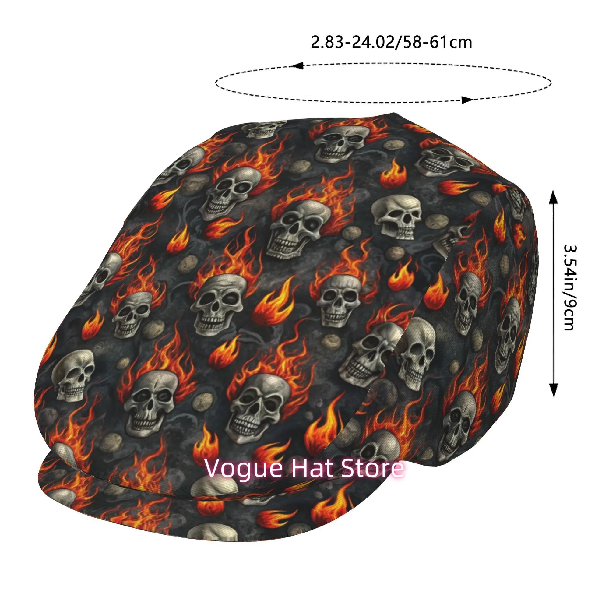 1pc of Flame Skeleton Beret with an All-Over Print, a Vintage Newsboy Cap That Is Unisex. It'S an Essential Fashion Item for Bot
