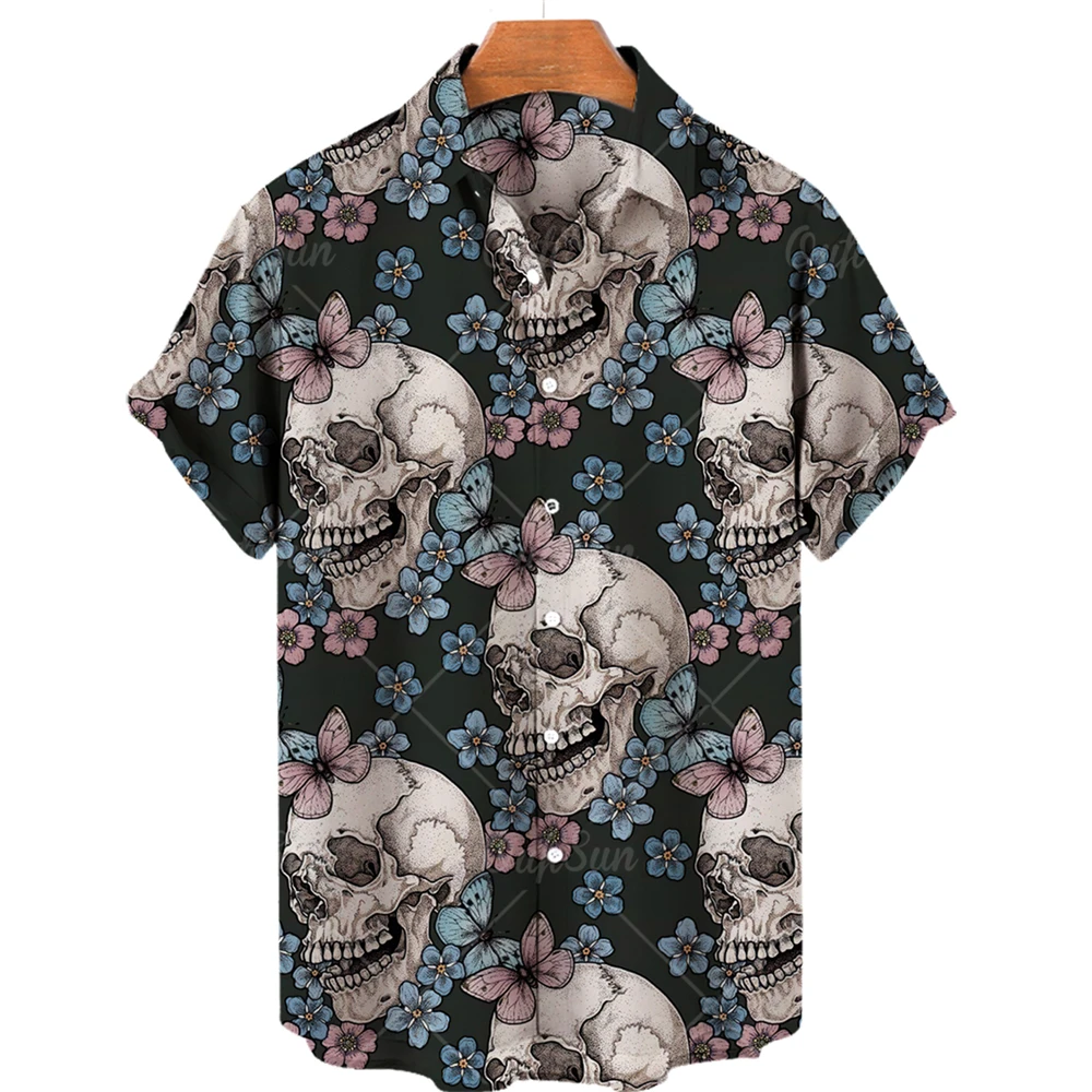 3D Printed Skull Hawaiian Floral Casual Shirts For Men Halloween Summer Short Sleeved Oversize Social 5XL Gift Imported Clothing