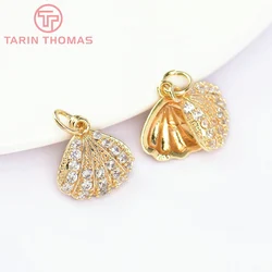 (5815) 6PCS 12.5x12MM 24K Gold Color Brass with Zircon Shell Shape Pendants High Quality DIY Jewelry Making Findings Wholesale