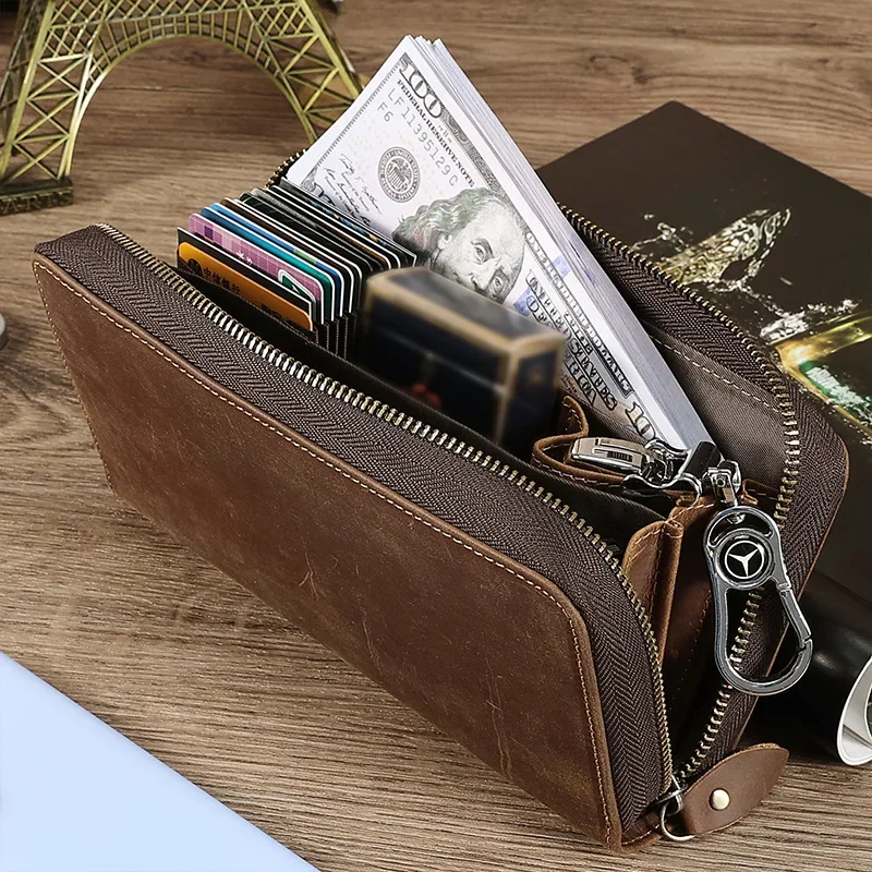 High quality fashionable leather long wallet men's card bag men's zipper multi slot handbag large capacity handbag