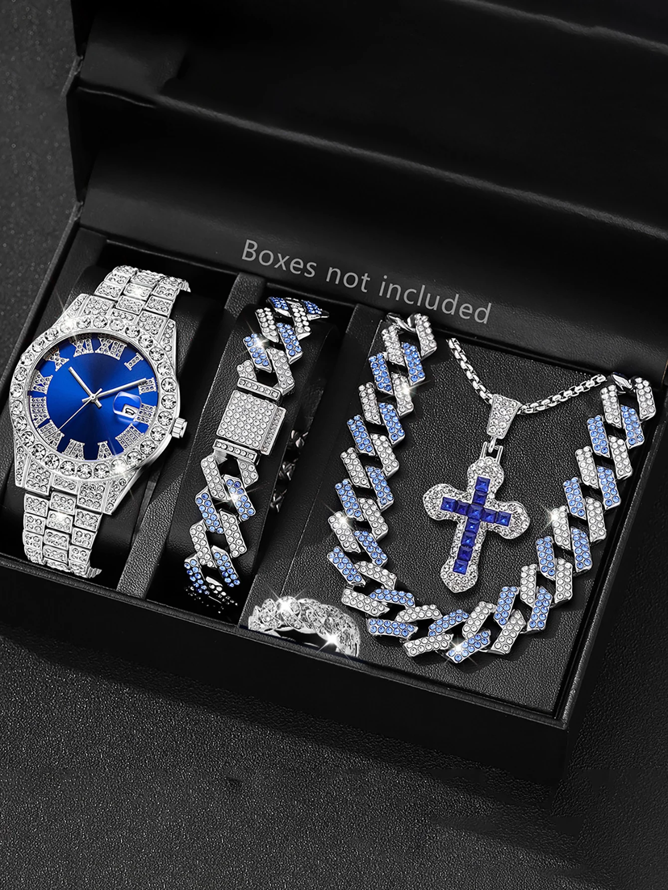 Reloj de Cuarzo Azul Plateado para Hombre con Conjunto de Pulsera, Collar y Anillo Estilo Hip Hop, Calendario Incluido, Regalo de Cumpleaños