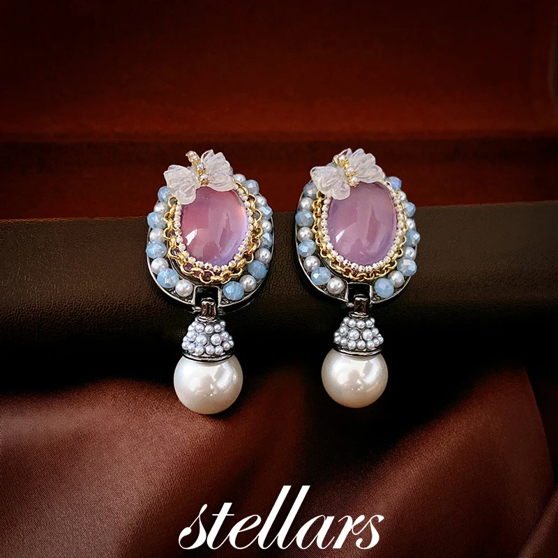

Vintage Resin Butterfly Purple Crystal Oval Faux Pearl Silver Stud Earrings Fashion Palace Style Elegant Earrings for Women