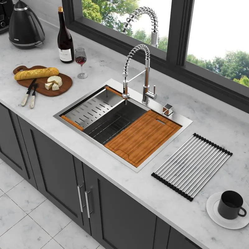 

28-Inch Drop-In Kitchen Sink - 28"x22" Stainless Steel 16-Gauge Workstation For Home Use, Top-Mount Single Bowl Design