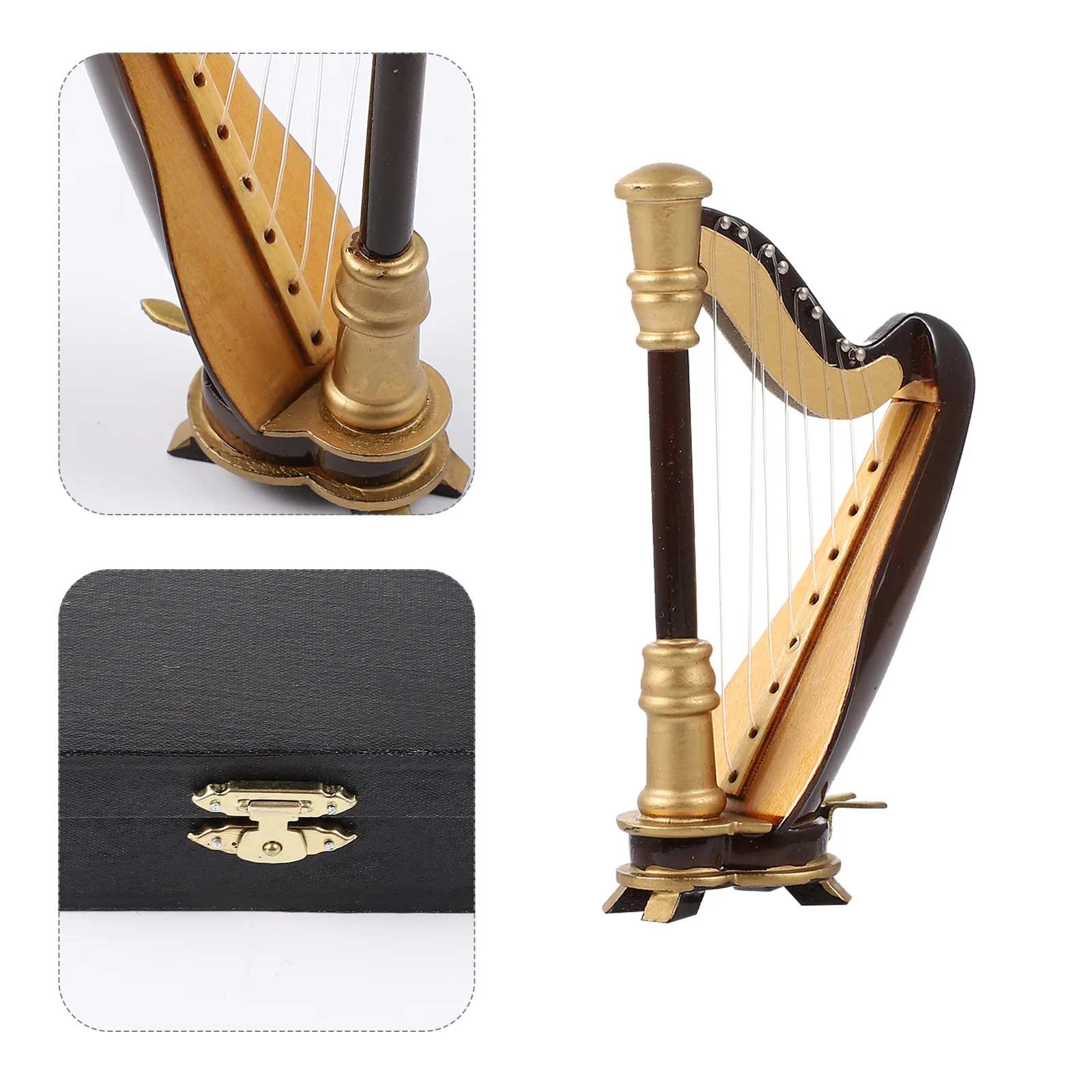 Harp Miniature Figurine Instrument Model Mini Decoration Retro Statue Musical Wooden Vintage House Furniture Decor Ornaments Box