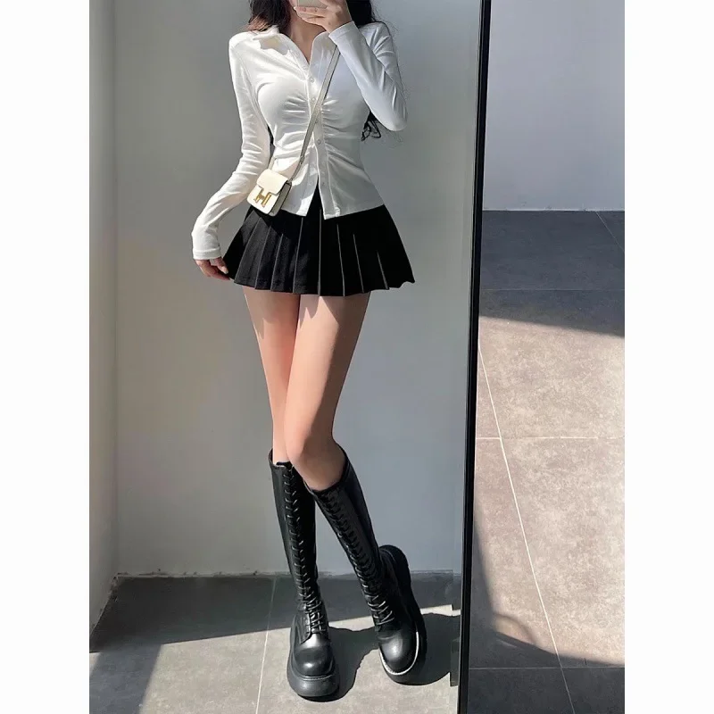 

Pleated Skirt with Shorts Women Sexy High Waist White Black A-line Korean Gyaru Mini Tennis Skirt School Girl Summer