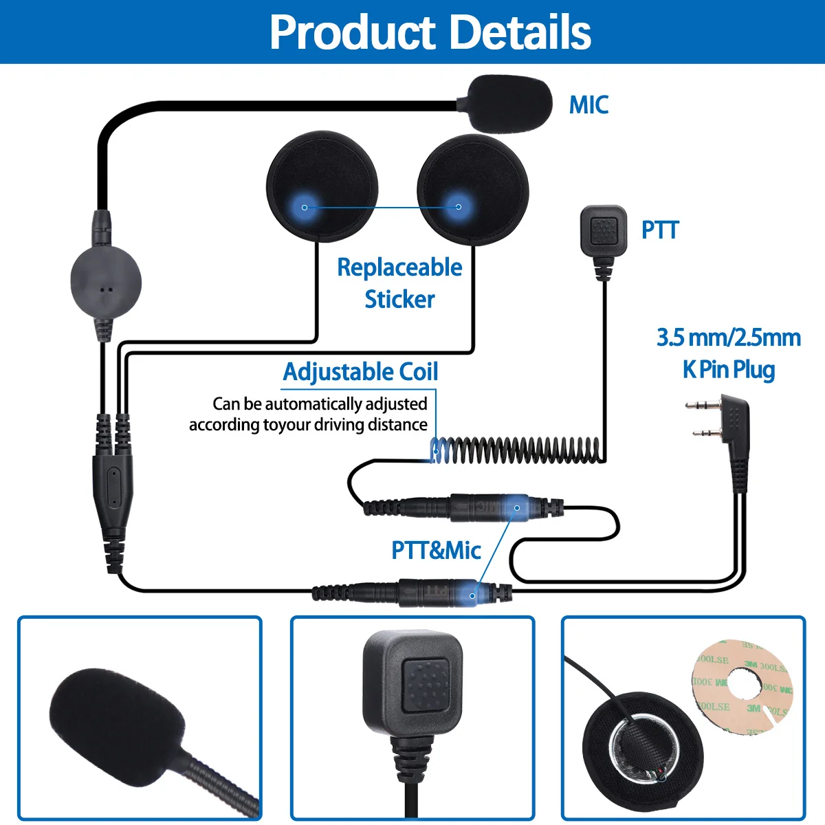 ABBREEヘルメットヘッドセット2ピンKタイプフィンガーPTTオートバイヘッドホン（宝峰UV-5R BF-888S UV-5RH UV-21 PRO AR-152ハムラジオ用）