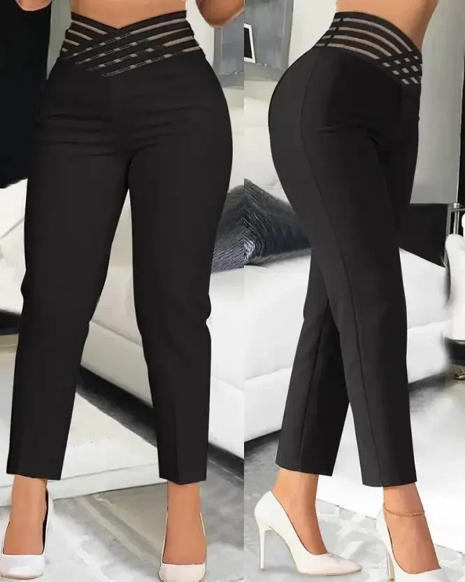 Spodnie damskie Hollow Out Waist Fashion Casual High Waist Mesh Ruched Long Work Pants Streetwear Office Ladies Capris