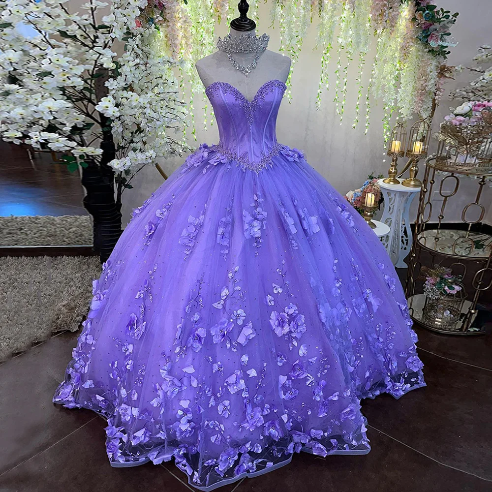 Vestido de baile de quinceañera, corsé, vestidos de fiesta de cumpleaños, cuentas de corazón, flores 3D, encaje de tul dulce, 15 años