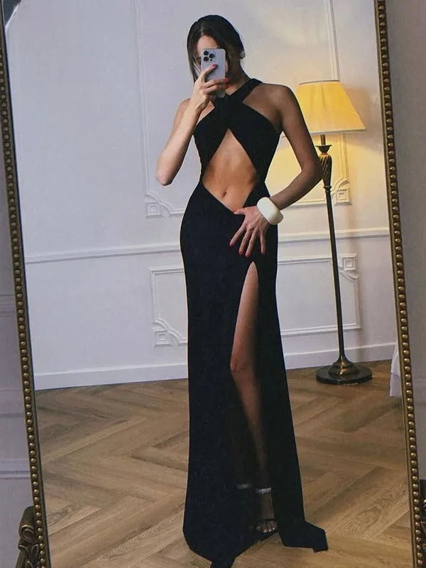 Svel ouvert nombril Dr fente libre taille basse jupe longue européenne Sle t-shirt acétate fibre moulante Dr pour les femmes