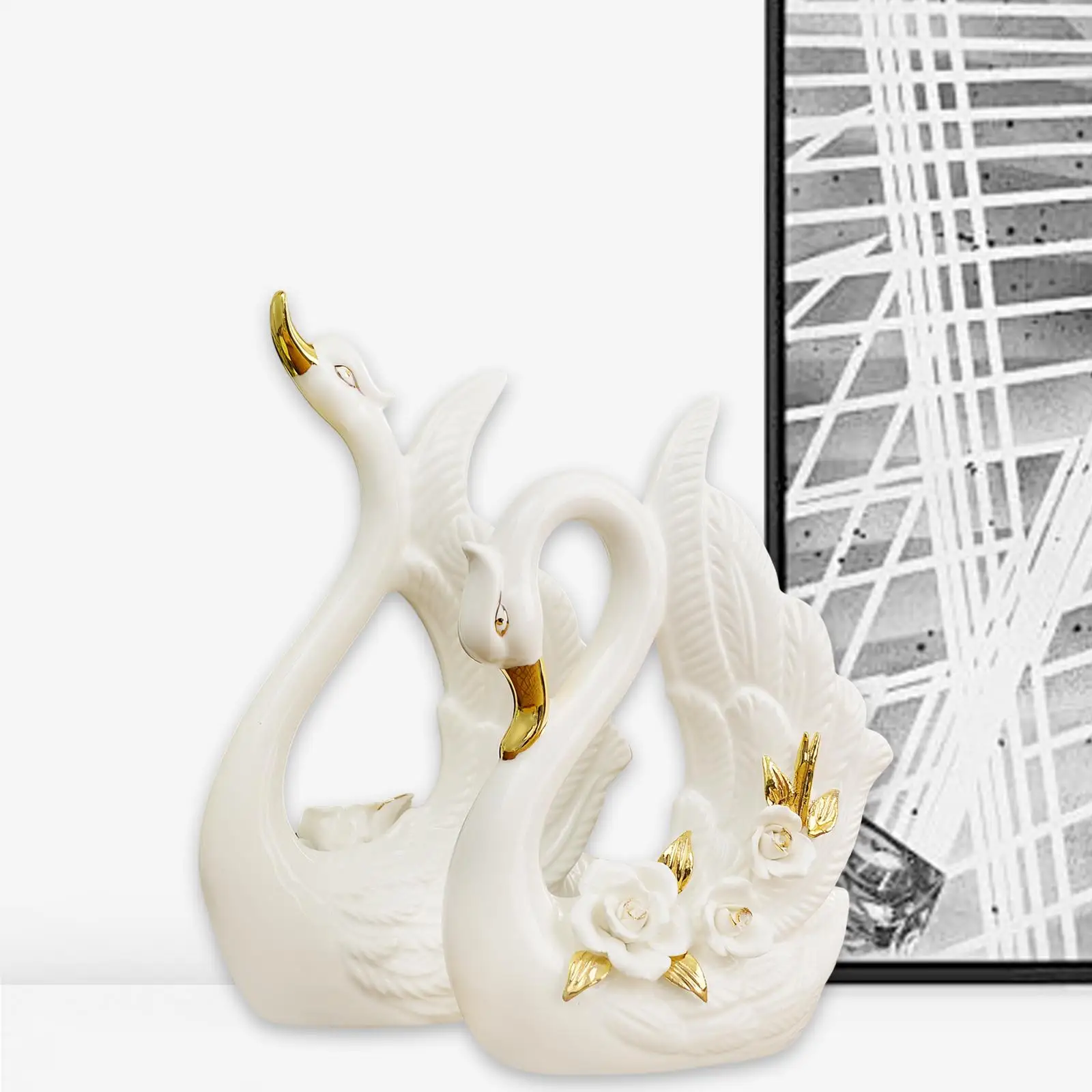 2Pcs Swan Figurine Collection Creative Swan Statue Animal Sculpture for Entrance Office Living Room Fireplace Home Decoration