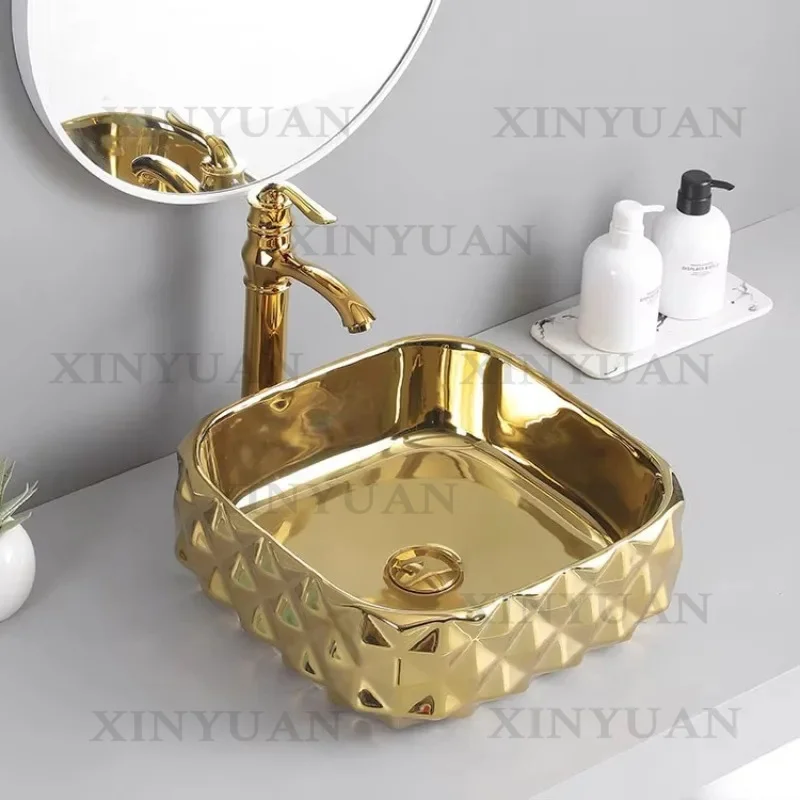 Luxury Bathroom Vanity Sink – Modern Rectangular Ceramic Basin | Cement White with Gold Accents, Farmhouse Style for Home/Hotel/