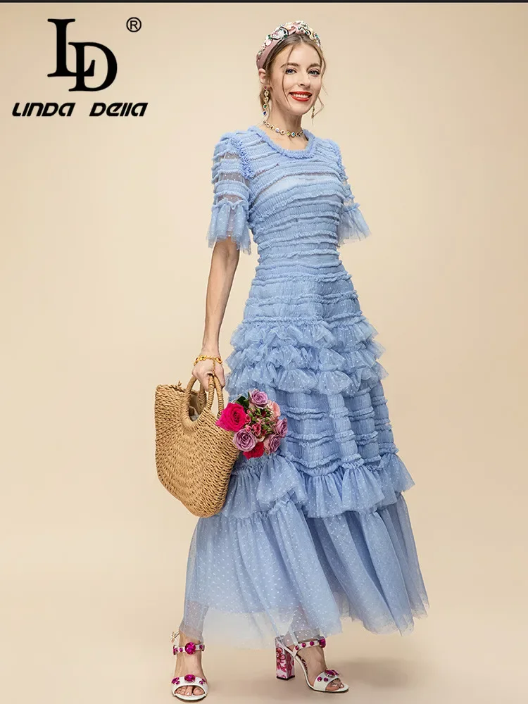 Imagem -03 - Linda Della-vestido Longo para Mulheres Vestido de Festa Elegante Cor Azul Pescoço Redondo Cintura Alta Plissado Laço Rachado Estilo Novo Verão ld