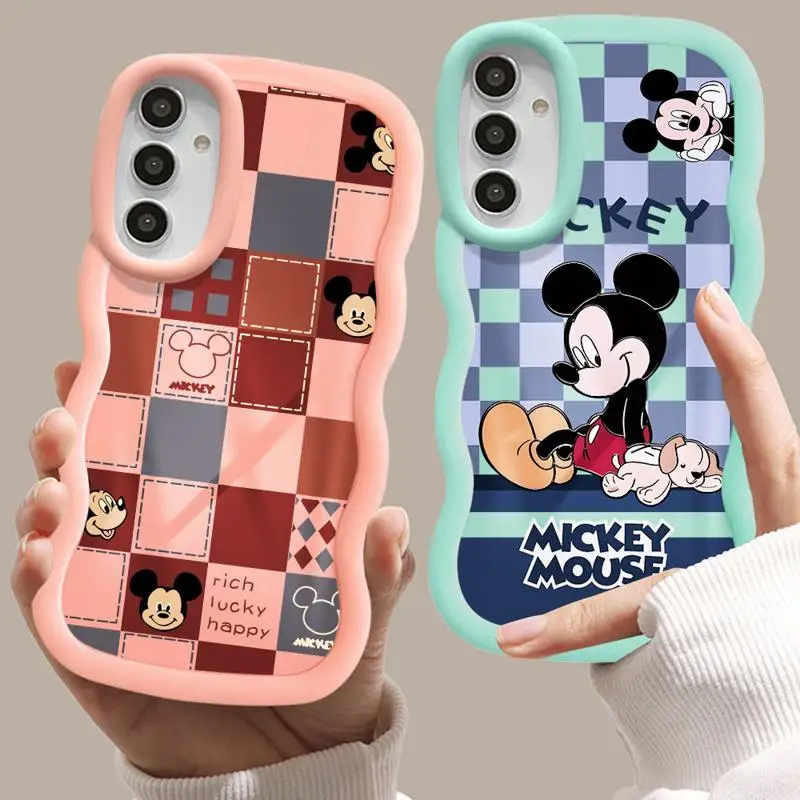 Disney Luxury Macaron Big Waves Phone Case Checkered Mickey Mouse for Samsung Galaxy A55 A54 A53 A52 A51 A14 A13 A12 A33 A23 A32