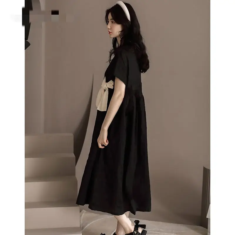 Fashion O-Neck Loose Folds Spliced Bow Casual Dresses Female Clothing 2024 Summer New Oversized Sweet Short Sleeve Midi Dress