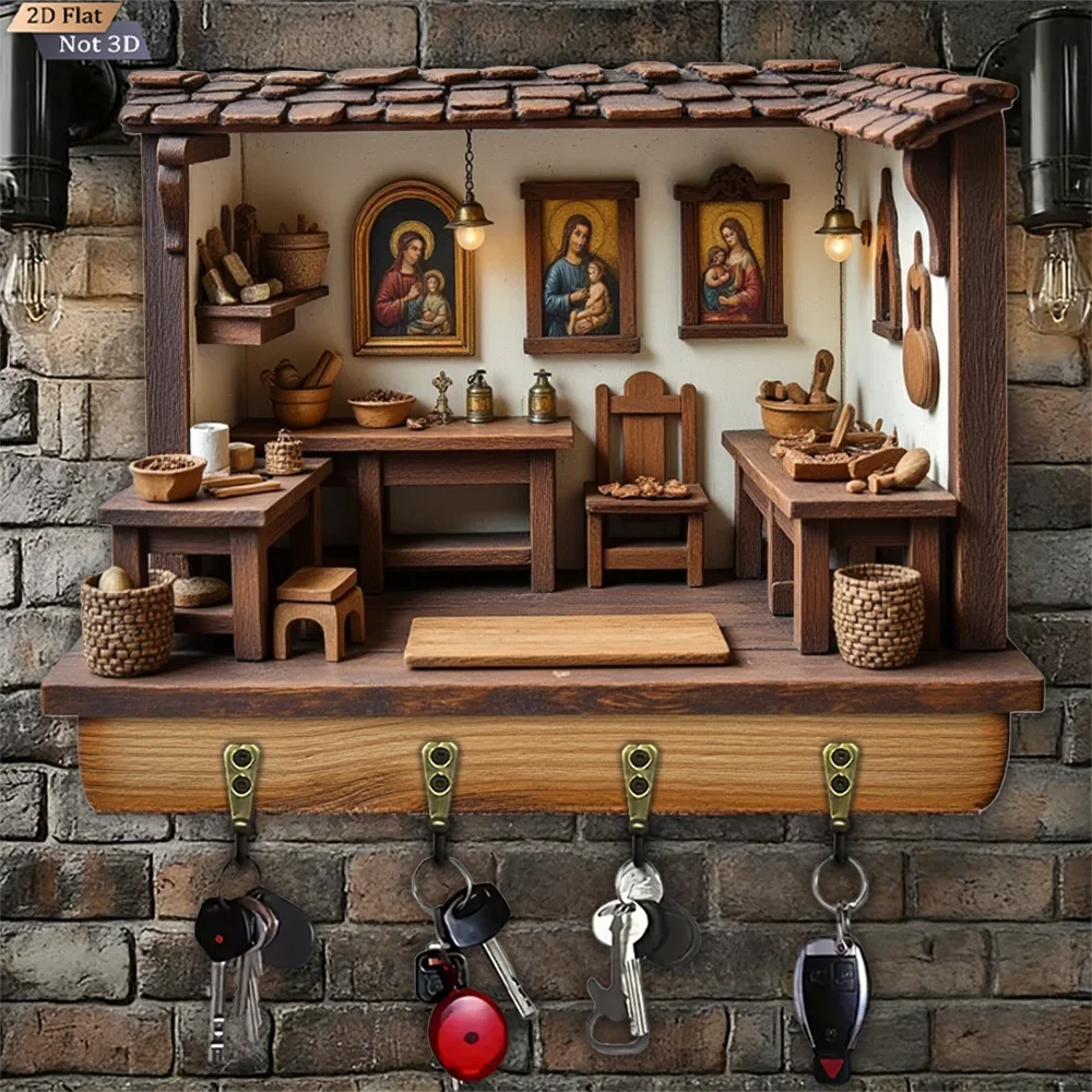 2D Flat, 1pc, Retro Wooden Cabin Key Hook, Wooden Multifunctional Home House Key Hook, with Four Metal Hooks, Wall Decoration,