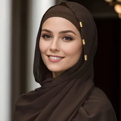 Solid Chiffon Hijab With Scarf Buckle Set Muslim Woman Hijabs Shawls Soft Islimic Turban Headband And Metal Hollow Buckle Set