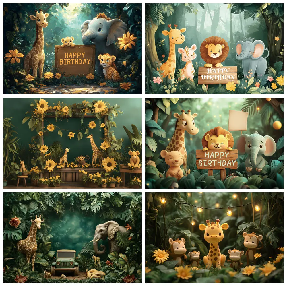 

Custom Animation Tropical Jungle Safari Animal 1st Birthday Party Decoration Newborn Baby Shower Photographic Background Poster