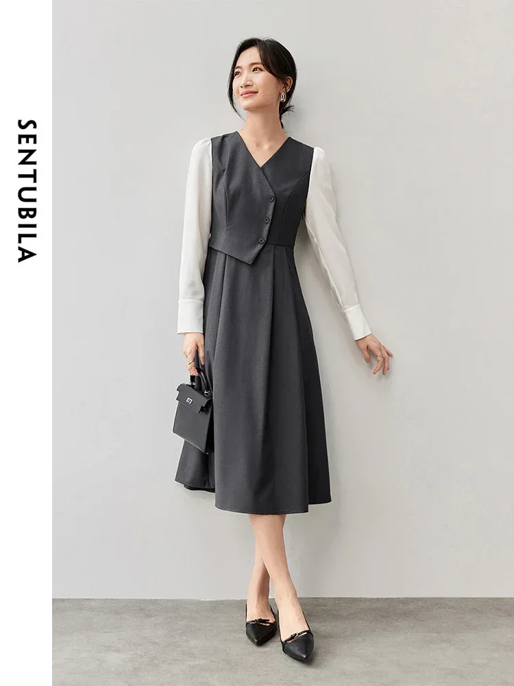 SENTUBILA Patchwork Retract Waist Dresses Woman 2024 Autumn A-line V Neck Folds Long Sleeve Office Lady Simple Dress 143L56668