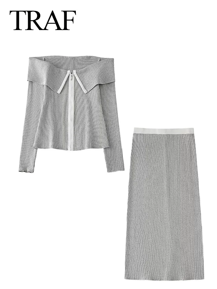 TRAF 2024 Spring Woman's Sets Turn-Down Collar Long Sleeves Zipper Cardigan Top + High Waist Chic Elegant Slim Female Long Skirt