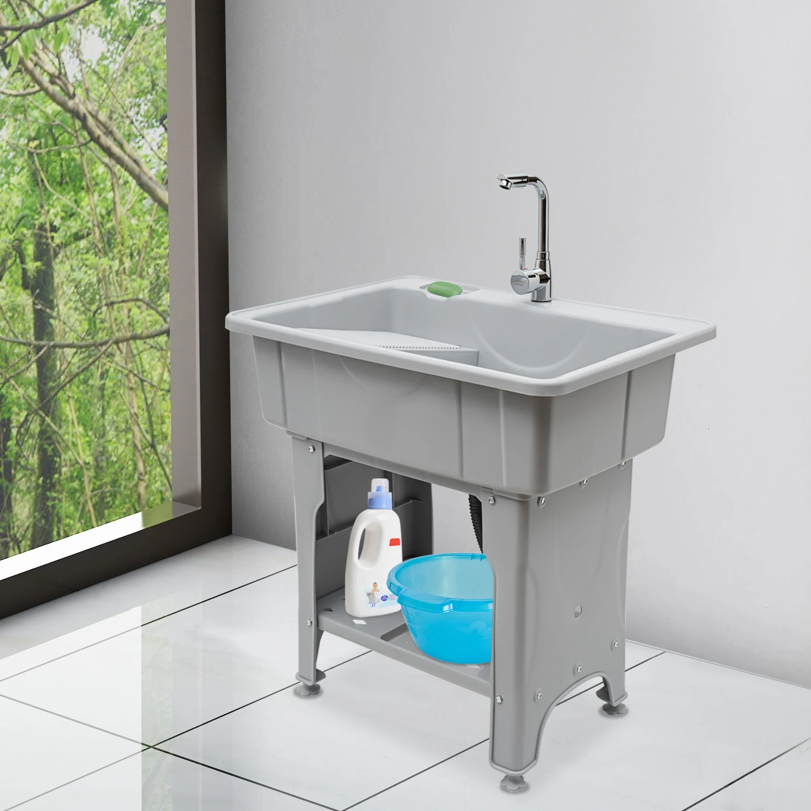 

Multifunctional Laundry Sink with Faucet,Heavy-Duty Indoor/Outdoor Sink with Hose,Freestanding Gray PP Utility Sink for Bathroom