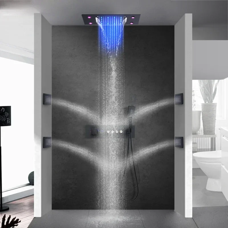 500*360MM Shower Faucet Set Constant Temperature Digital Display Shower LED Matte Black Bath Concealed Shower Mixers